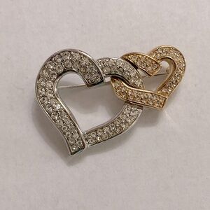 Swarovski Crystal Gold and Silvertone Double-Heart Brooch